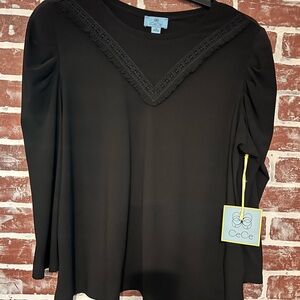 CeCe Elegant Black Blouse with V-Lace Accent